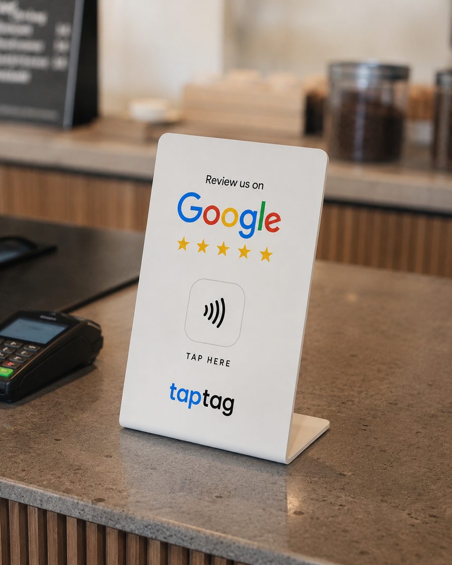 TapTag stand on a café counter